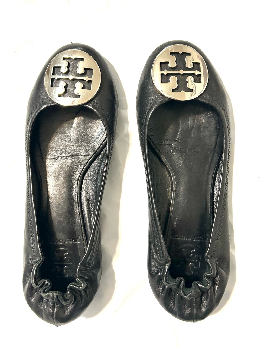 Tory Burch Reva  Ballet Flats Silver Tone Signature Logo